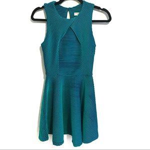 Opening Ceremony Striped Textured Fit and Flare Skater Mini Dress, 0, Green Blue